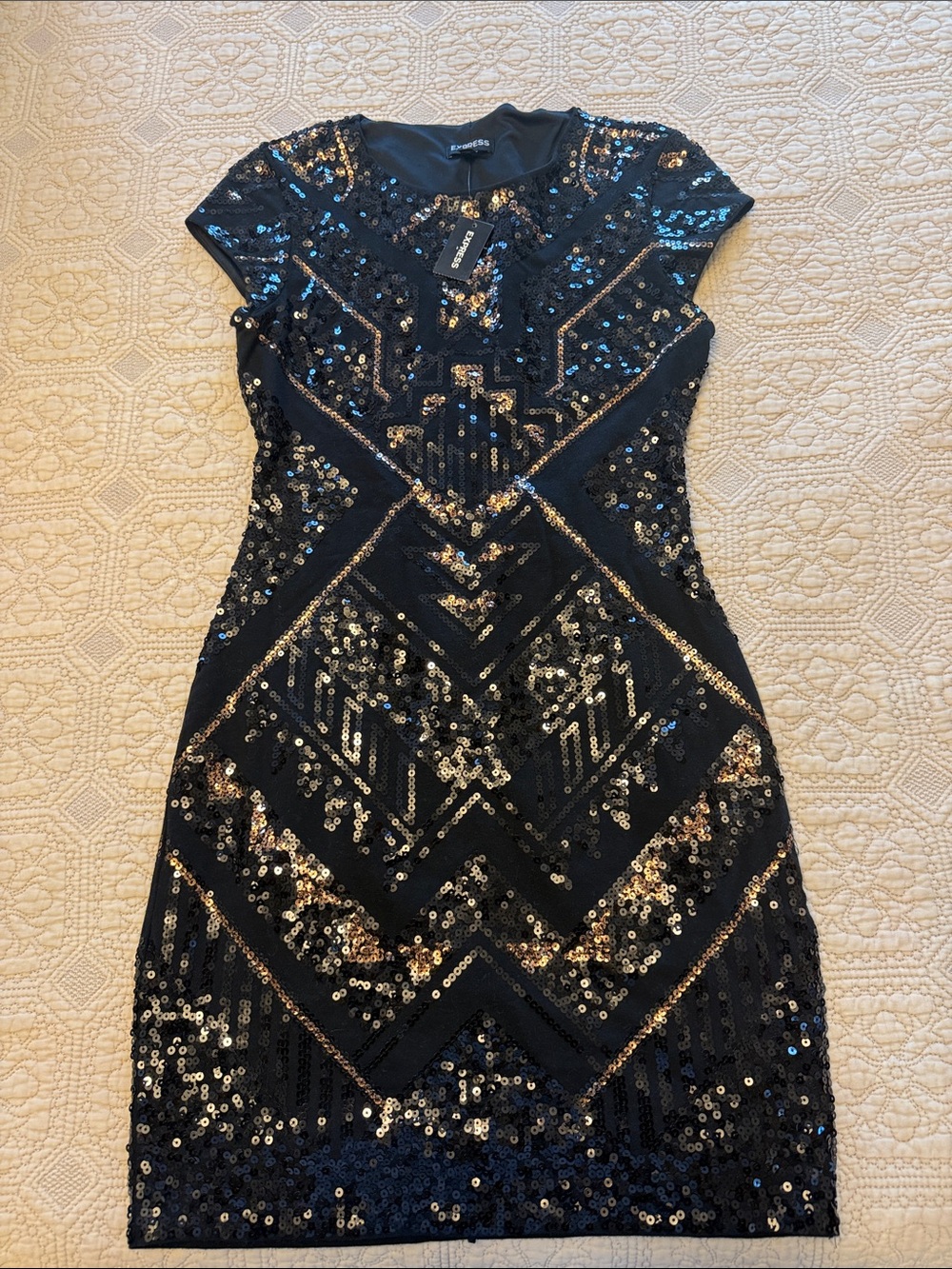 Express Black Sequin Mini Dress with Gold Accents